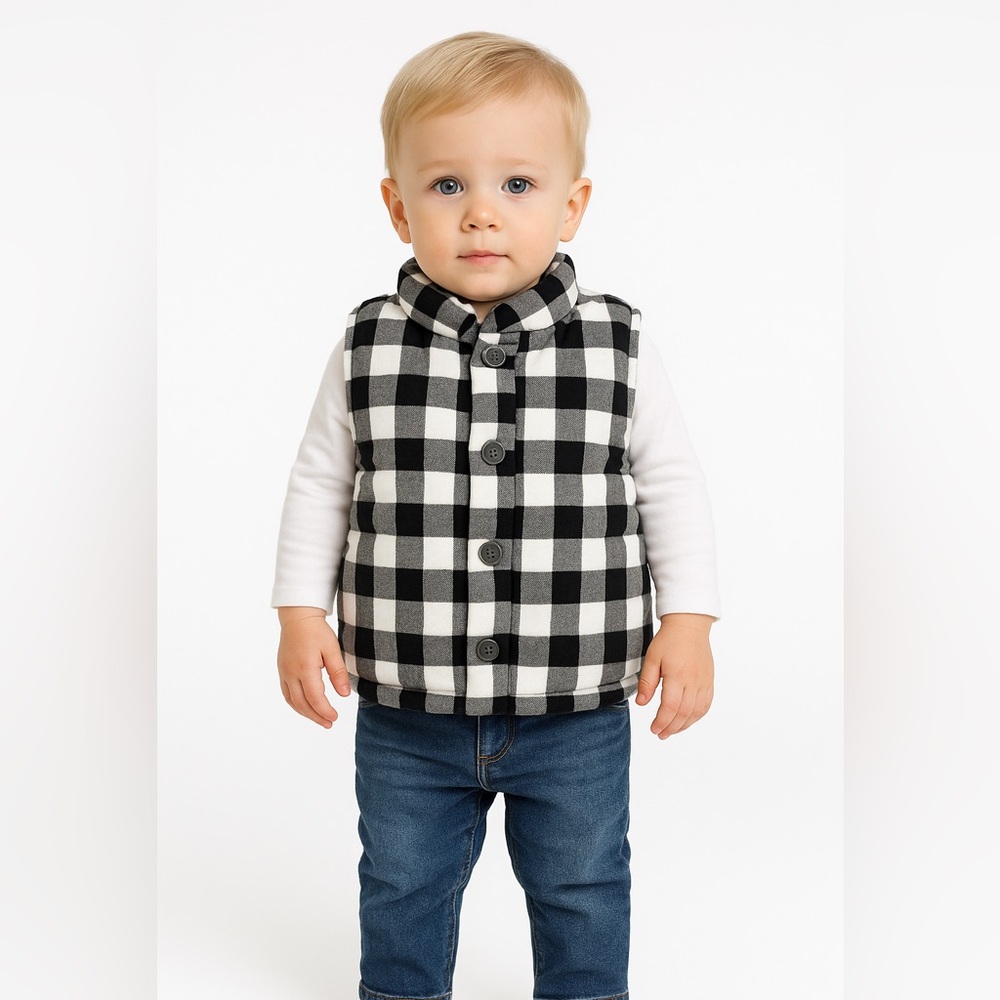 Mudpie Boys Black & White Buffalo Check Quilted Puff Vest 12M–2T/3T
